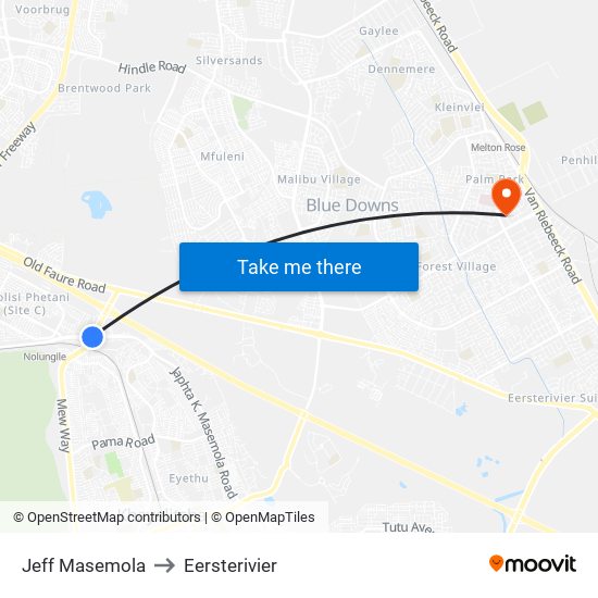 Jeff Masemola to Eersterivier map
