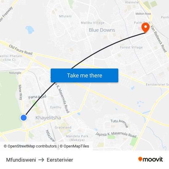 Mfundisweni to Eersterivier map