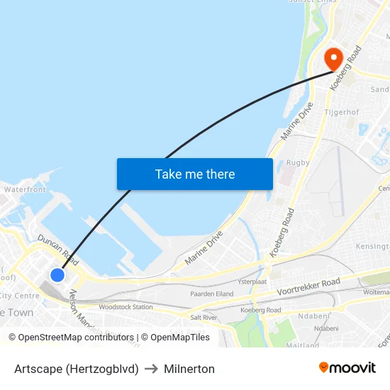 Artscape (Hertzogblvd) to Milnerton map