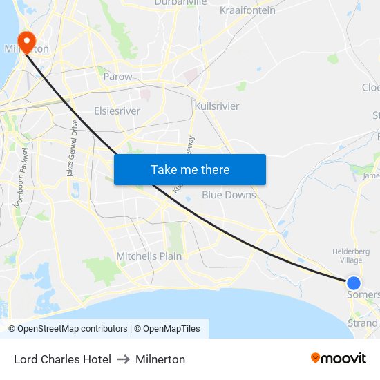 Lord Charles Hotel to Milnerton map