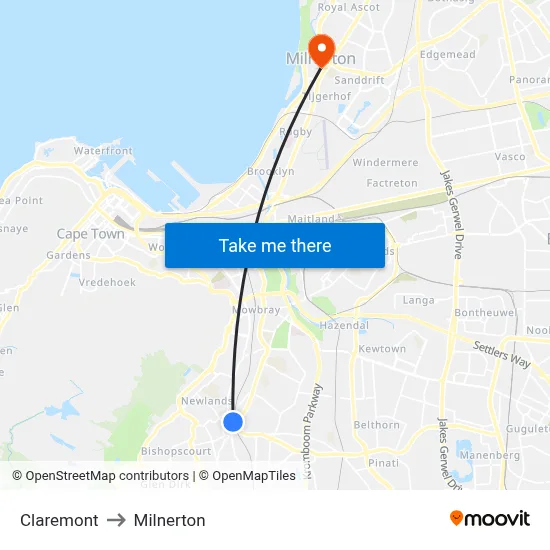 Claremont to Milnerton map