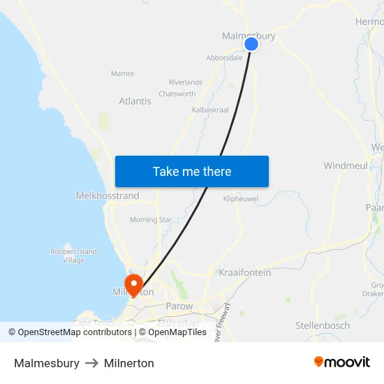 Malmesbury to Milnerton map