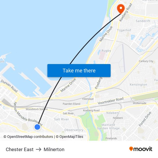 Chester East to Milnerton map