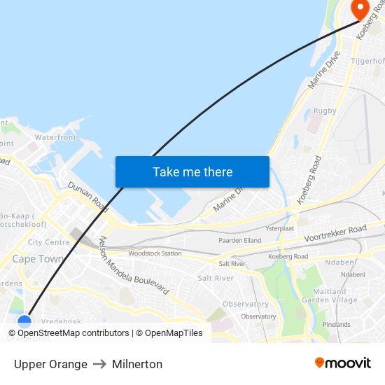 Upper Orange to Milnerton map