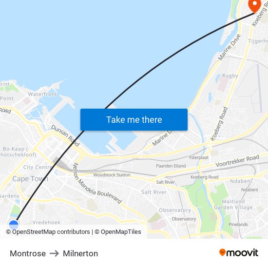 Montrose to Milnerton map