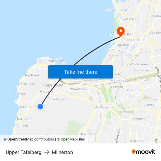 Upper Tafelberg to Milnerton map