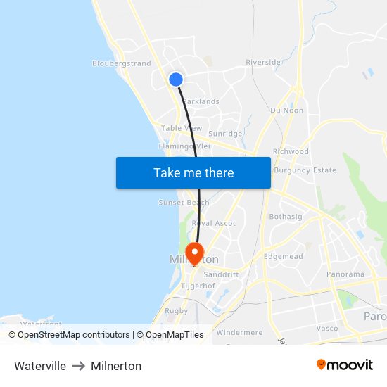 Waterville to Milnerton map