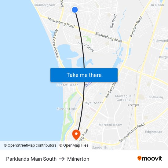 Parklands Main South to Milnerton map