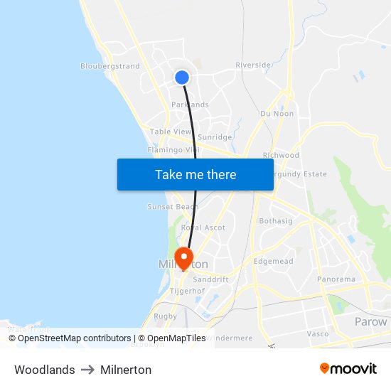 Woodlands to Milnerton map