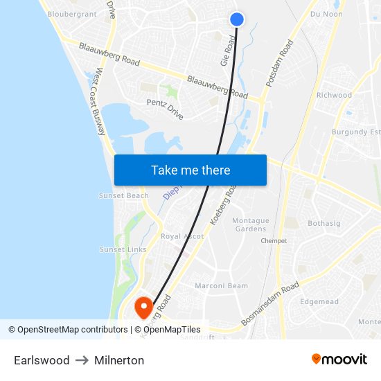 Earlswood to Milnerton map