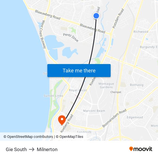 Gie South to Milnerton map