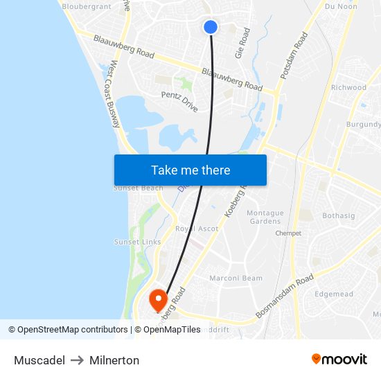 Muscadel to Milnerton map