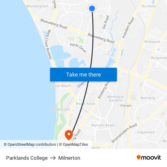 Parklands College to Milnerton map