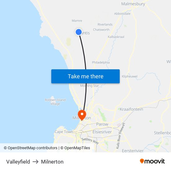 Valleyfield to Milnerton map