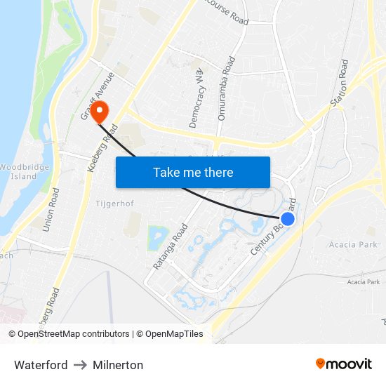 Waterford to Milnerton map