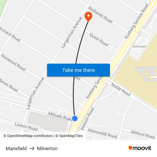 Mansfield to Milnerton map