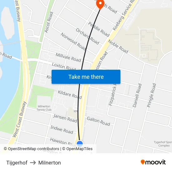 Tijgerhof to Milnerton map