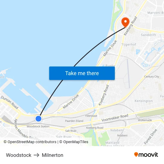 Woodstock to Milnerton map