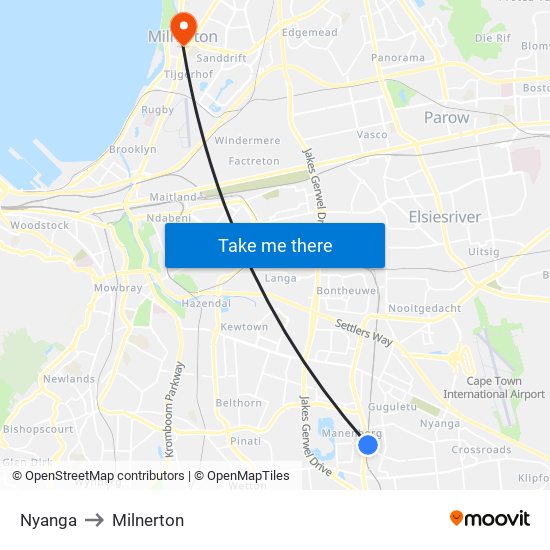 Nyanga to Milnerton map