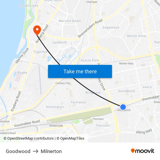 Goodwood to Milnerton map