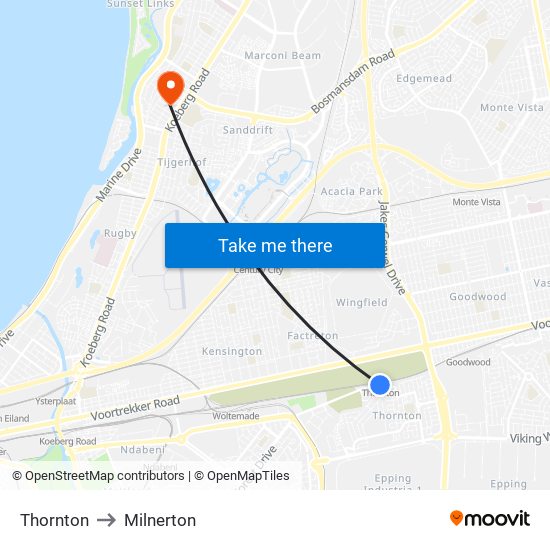 Thornton to Milnerton map