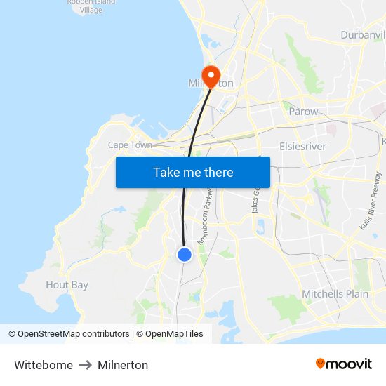 Wittebome to Milnerton map
