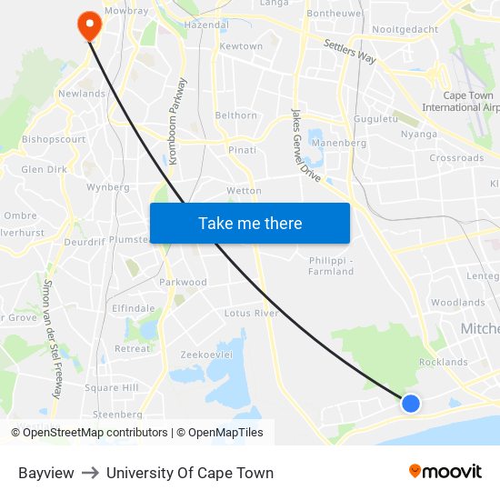 Bayview to University Of Cape Town map
