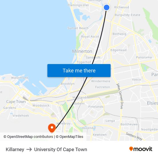 Killarney to University Of Cape Town map