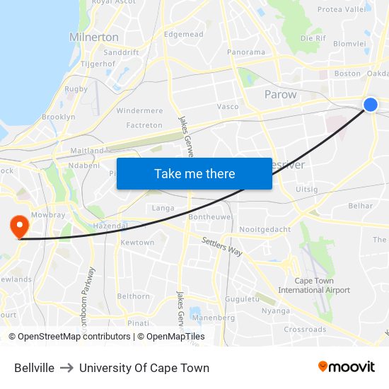 Bellville to University Of Cape Town map