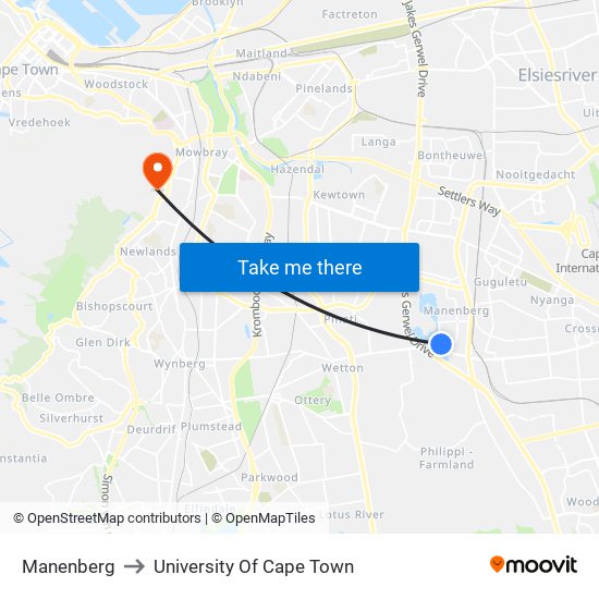 Manenberg to University Of Cape Town map