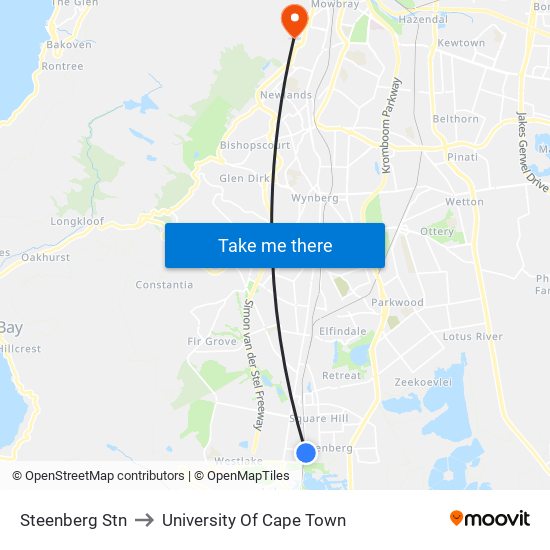 Steenberg Stn to University Of Cape Town map