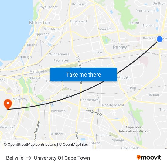 Bellville to University Of Cape Town map