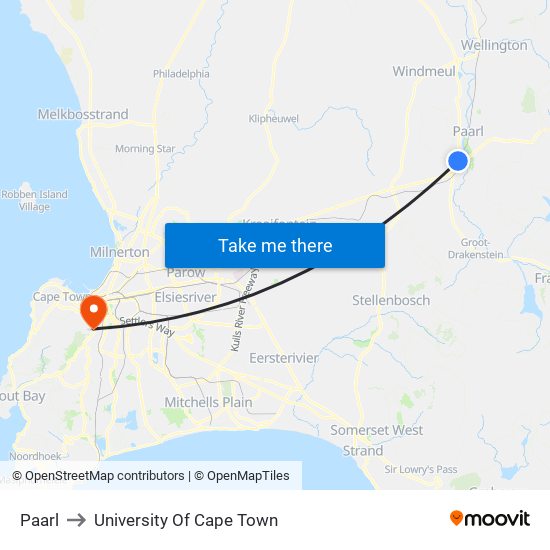 Paarl to University Of Cape Town map