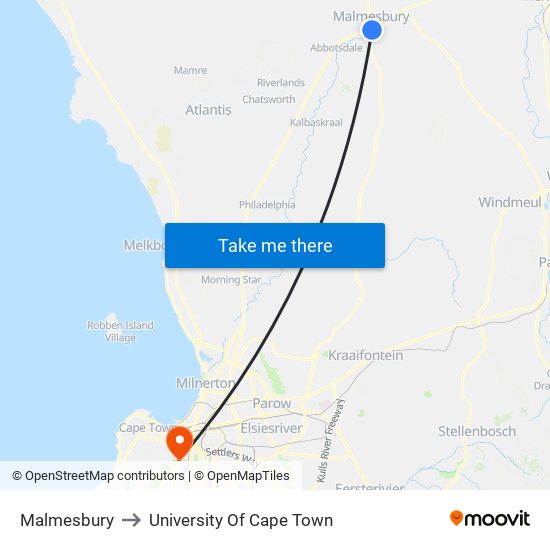 Malmesbury to University Of Cape Town map