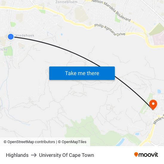 Highlands to University Of Cape Town map