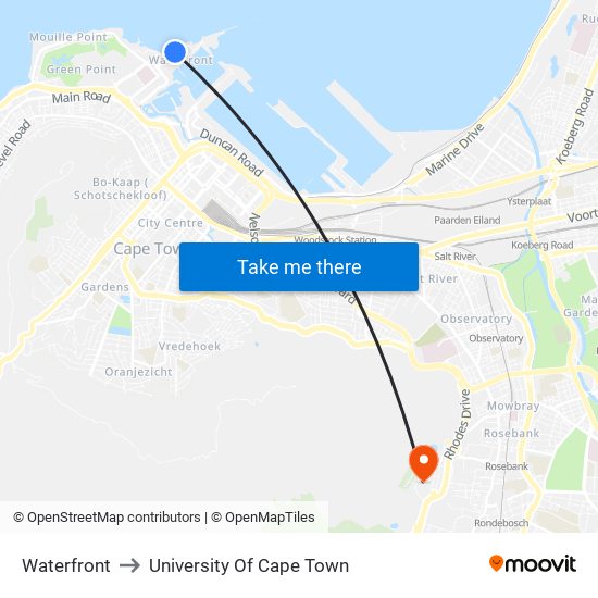 Waterfront to University Of Cape Town map