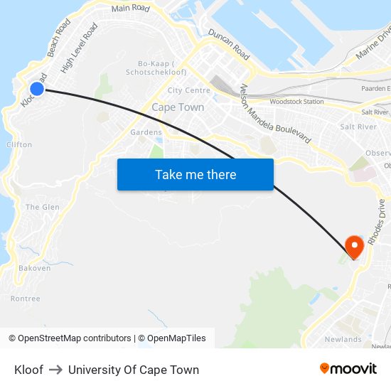 Kloof to University Of Cape Town map