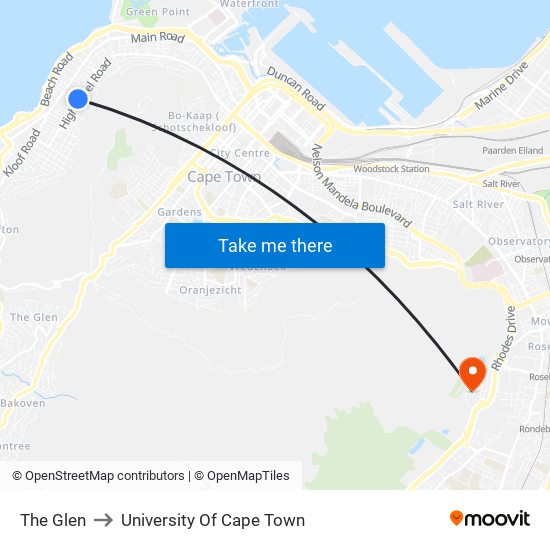 The Glen to University Of Cape Town map