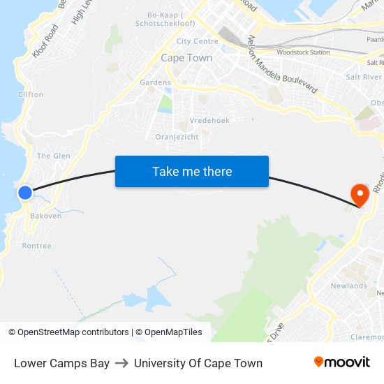 Lower Camps Bay to University Of Cape Town map