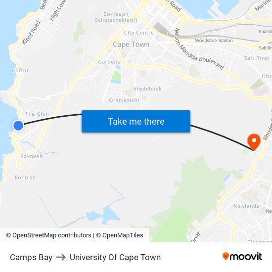 Camps Bay to University Of Cape Town map