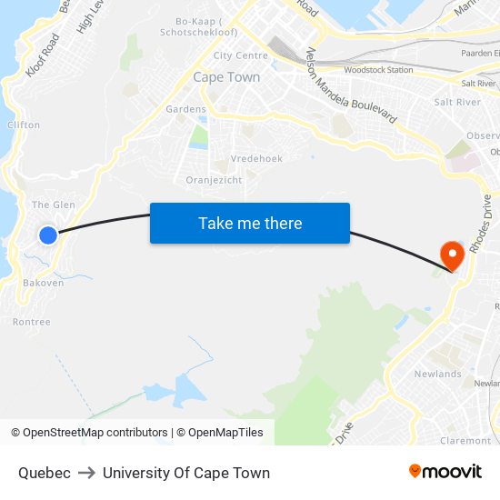 Quebec to University Of Cape Town map