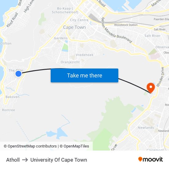 Atholl to University Of Cape Town map