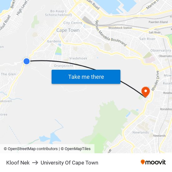 Kloof Nek to University Of Cape Town map