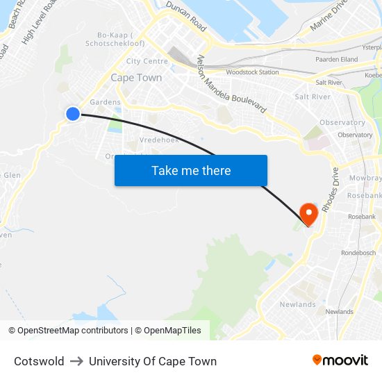 Cotswold to University Of Cape Town map