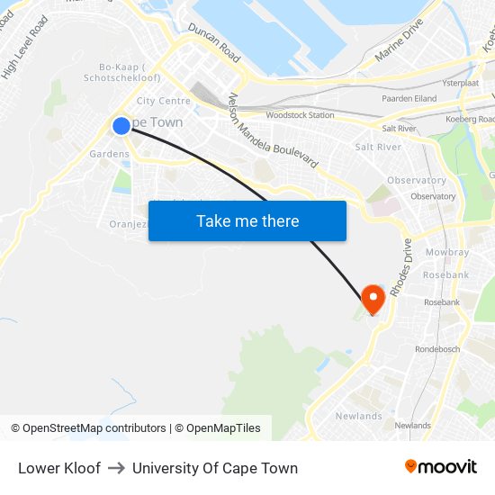 Lower Kloof to University Of Cape Town map