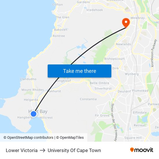 Lower Victoria to University Of Cape Town map