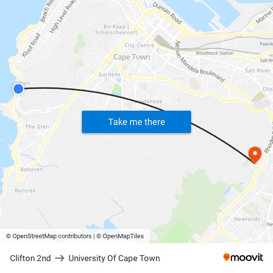Clifton 2nd to University Of Cape Town map