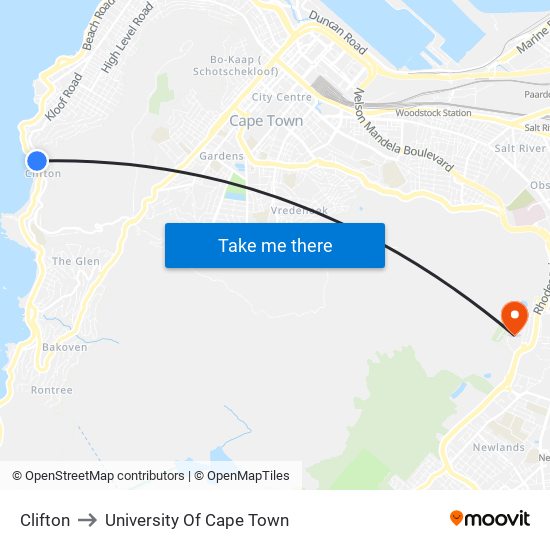 Clifton to University Of Cape Town map