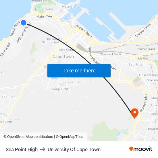 Sea Point High to University Of Cape Town map
