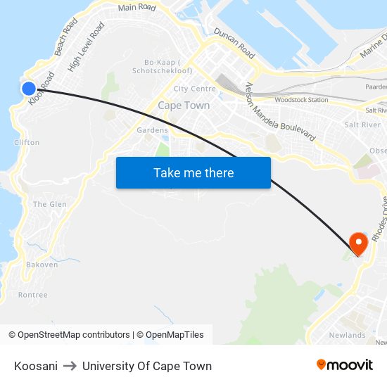 Koosani to University Of Cape Town map